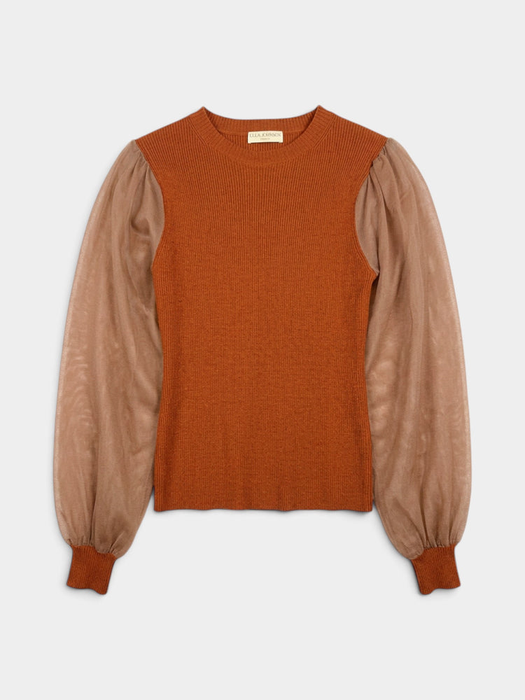 Rust Orange Ribbed Knit Sheer Sleeve Sweater