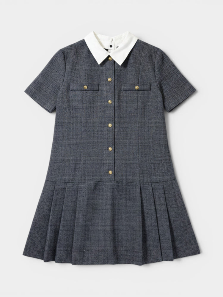 Charcoal Gray Plaid Drop Waist Pleated Mini Dress