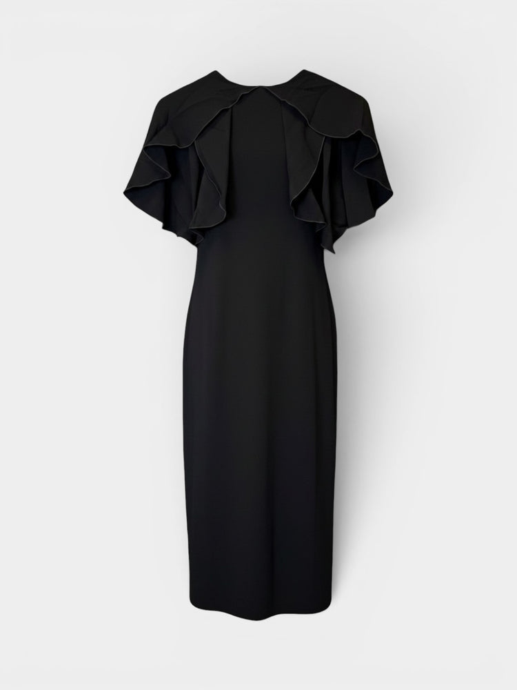Black Asymmetric Flutter Sleeve Midi Dress