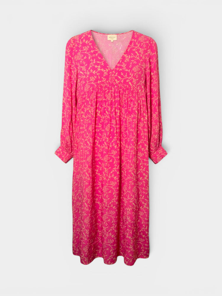 Pink Floral Vine Print Long-Sleeve Midi Dress