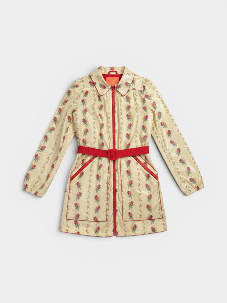 Cream Floral Print Belted Zip-Front Coat