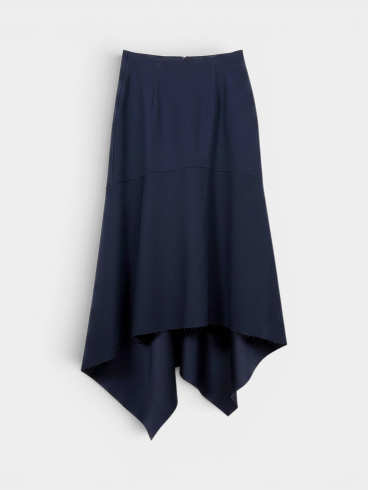 Navy Asymmetric Handkerchief Hem Midi Skirt