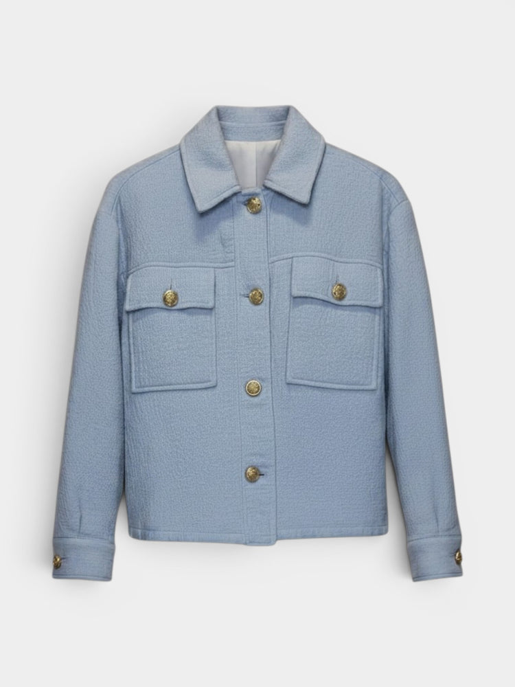 Light Blue Textured Cropped Jacket with Gold Buttons