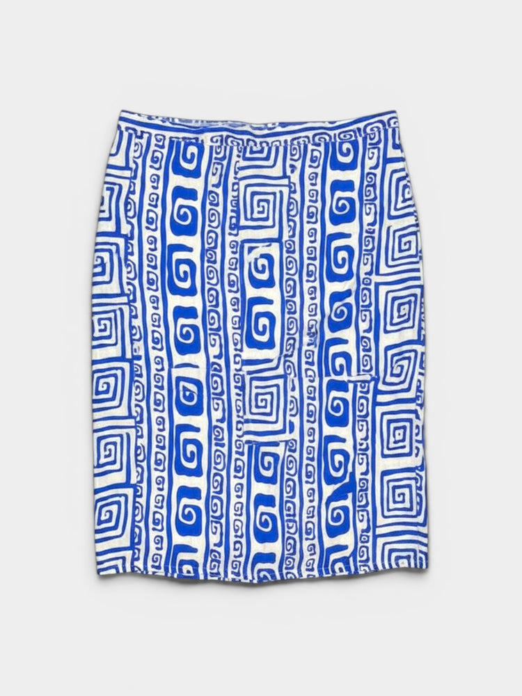Blue White Geometric Print Linen Midi Skirt