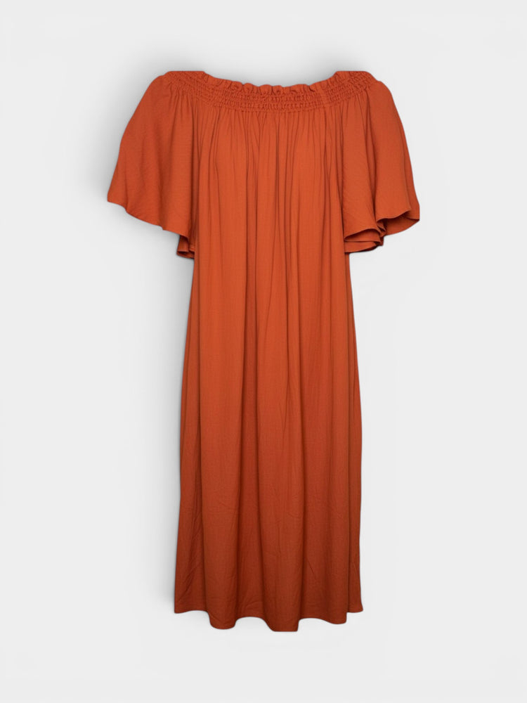 Burnt Orange Off-Shoulder Smocked Midi Dress Flutter Sleeves