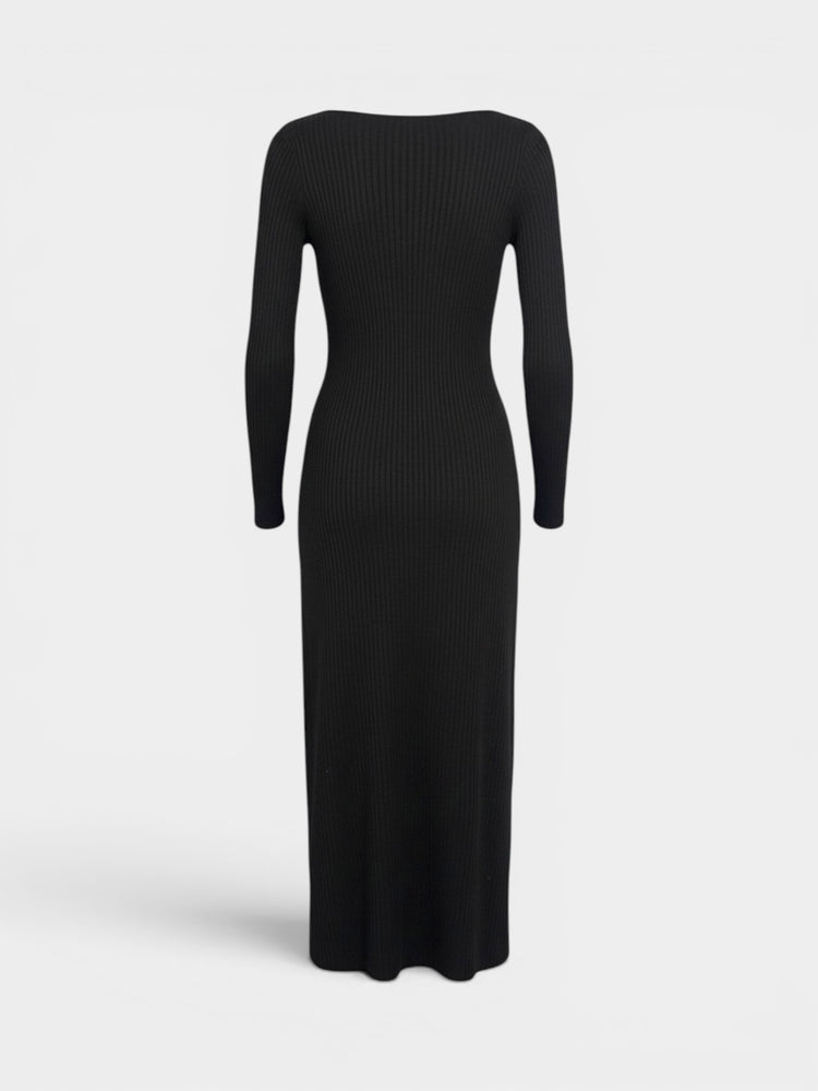 Black Ribbed Knit Long-Sleeve Bodycon Dress