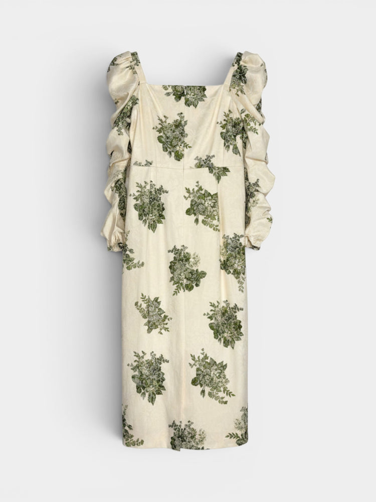 Ivory Green Floral Jacquard Puff Sleeve Midi Dress