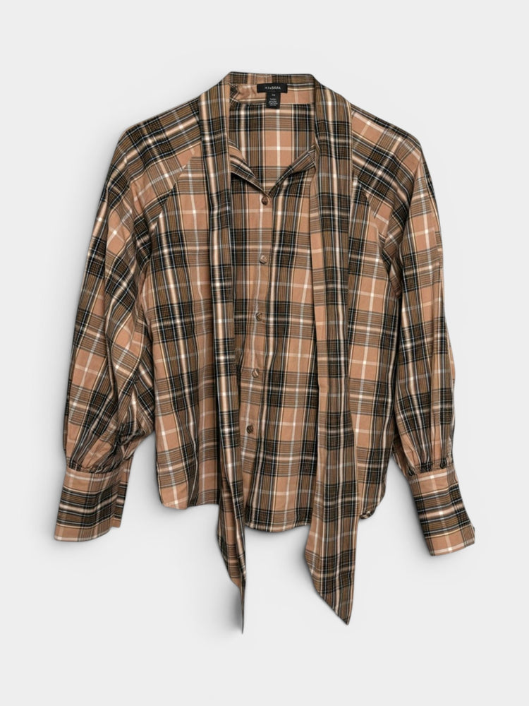 Plaid Tie-Neck Long-Sleeve Blouse