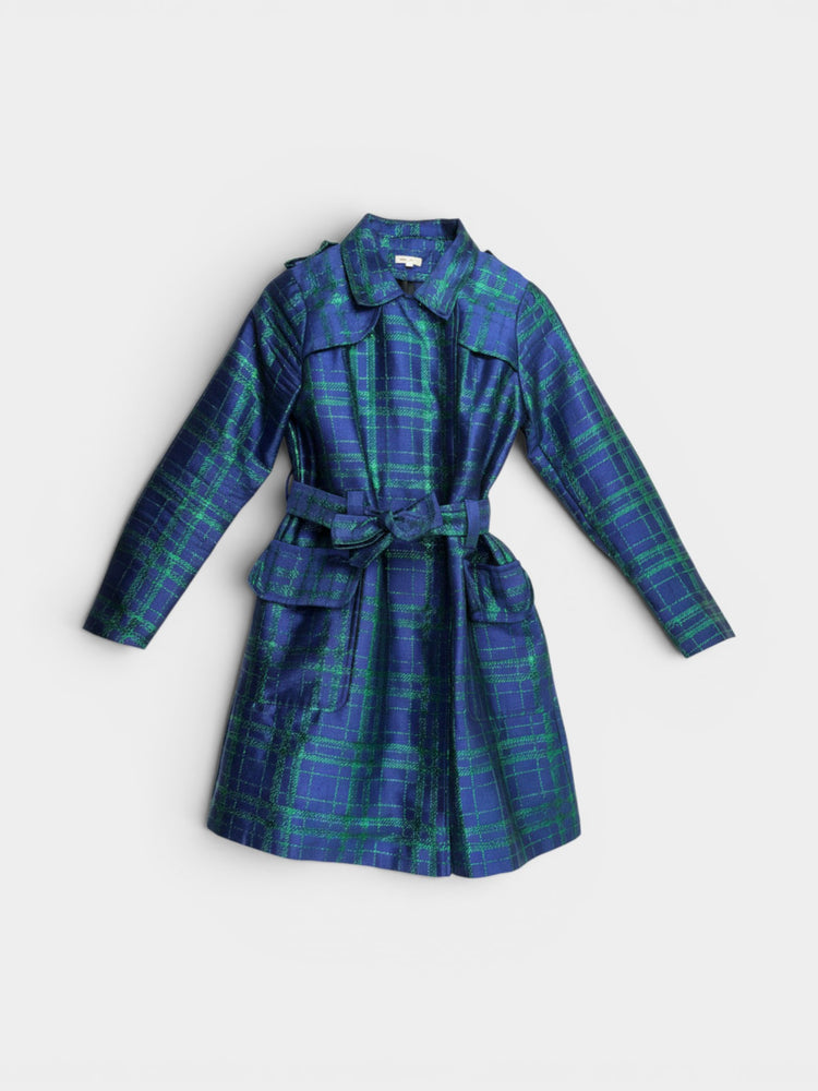 Navy Green Metallic Plaid Belted Trench Coat