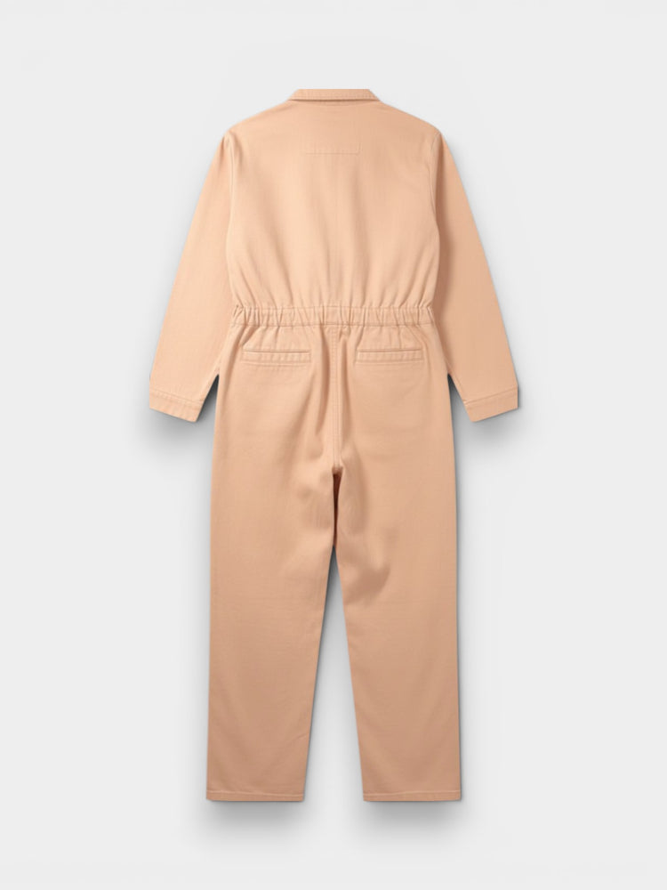 Peach Cotton Long Sleeve Button Front Jumpsuit