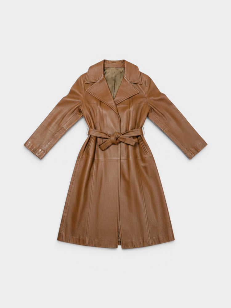 Vintage Cognac Leather Belted Trench Coat