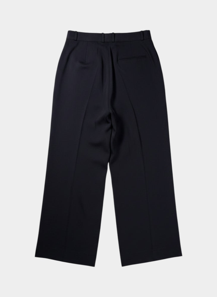 Navy Wool Draped Wide-Leg Trousers