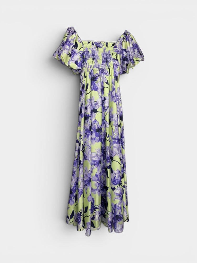 Lime Green Purple Floral Smocked Maxi Dress