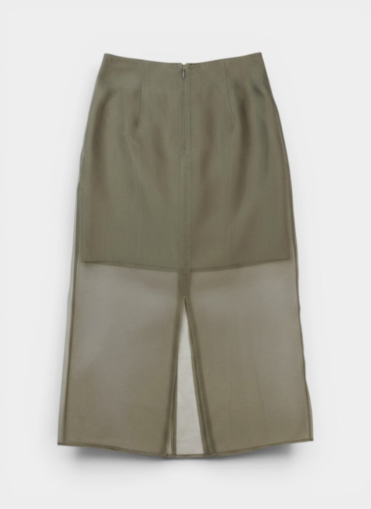 Khaki Green Mixed Fabric Sheer Panel Midi Skirt
