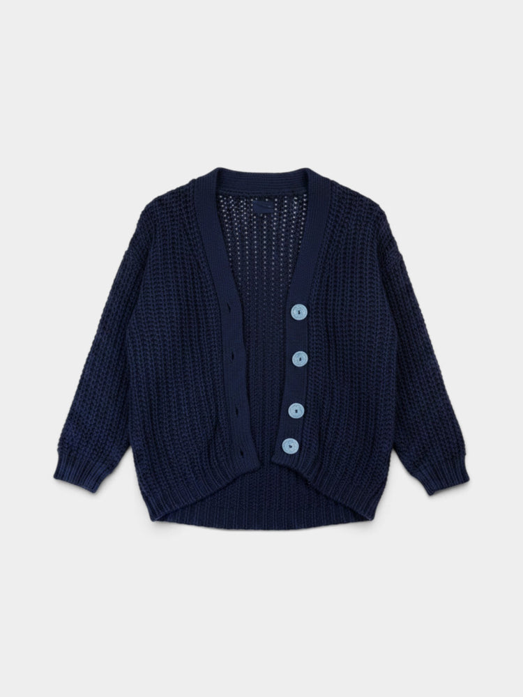 Navy Chunky Knit Cardigan with Light Blue Buttons