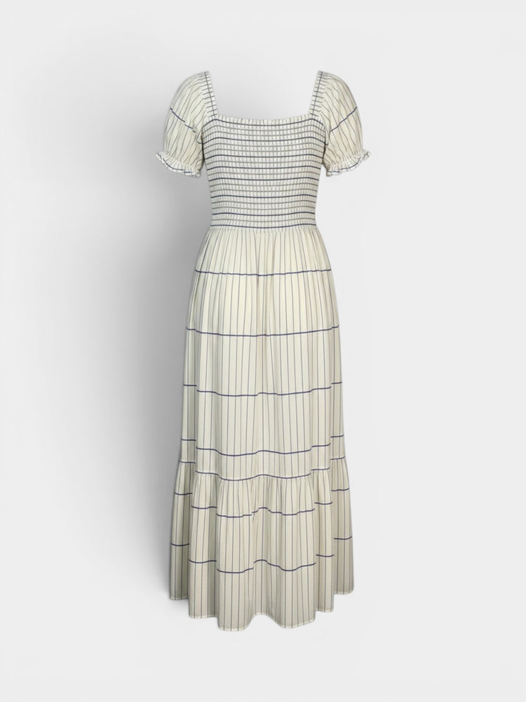 Ivory Grid Stripe Smocked Puff Sleeve Tiered Maxi Dress
