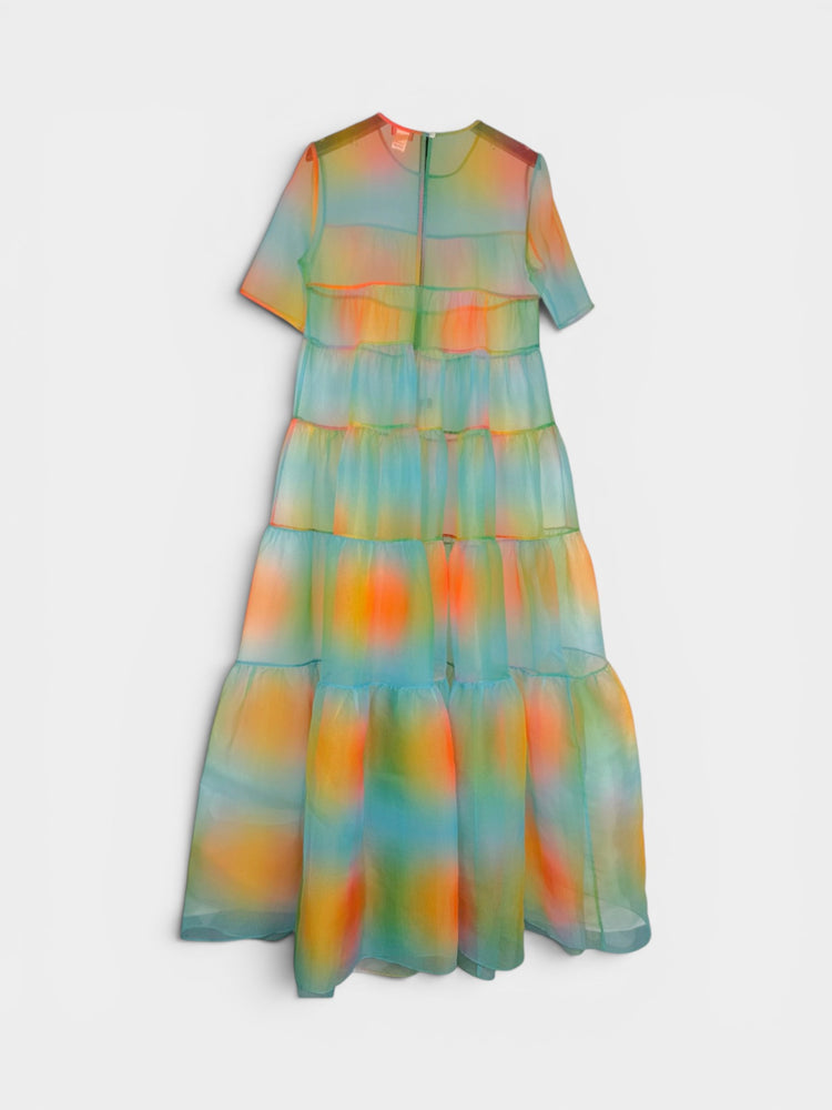 Sheer Tiered Maxi Dress in Watercolor Ombre Print