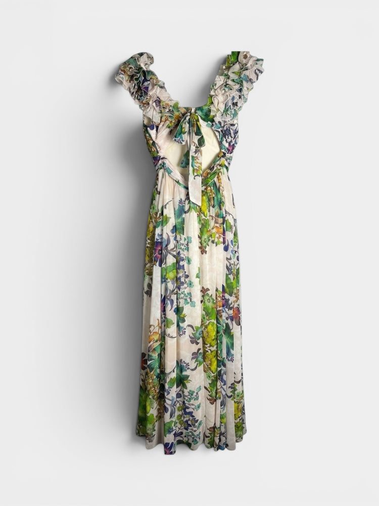 Ivory Floral Linen Blend Ruffle Strap Maxi Dress