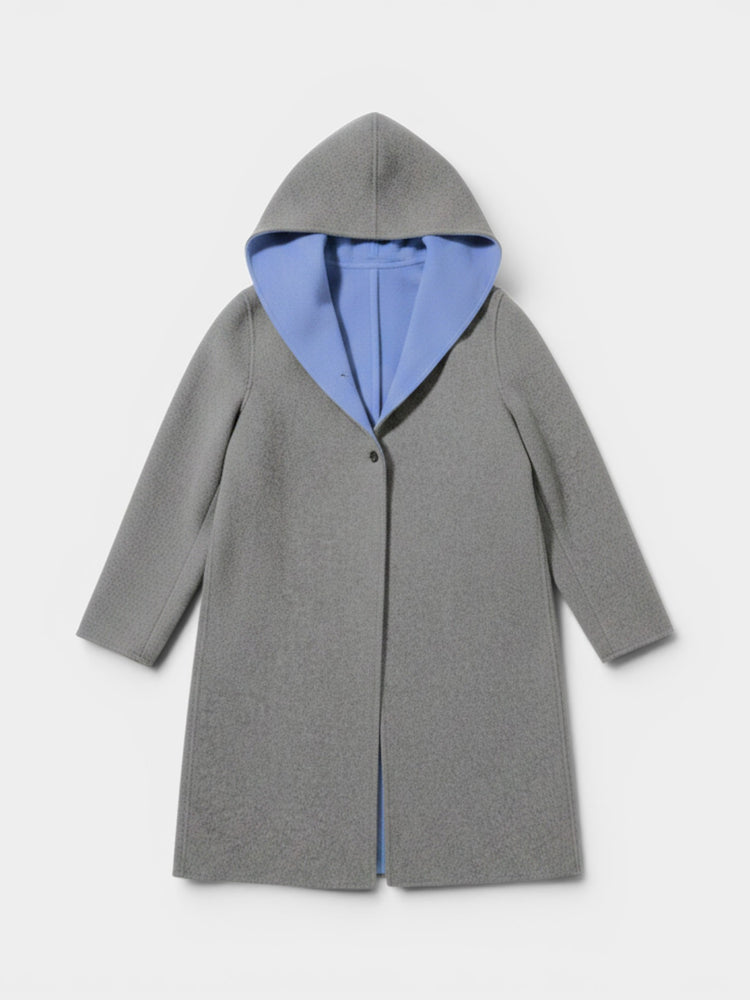 Reversible Wool Blend Hooded Coat Blue Gray