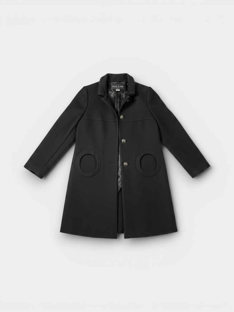 Black Wool A-Line Coat with Circle Pockets