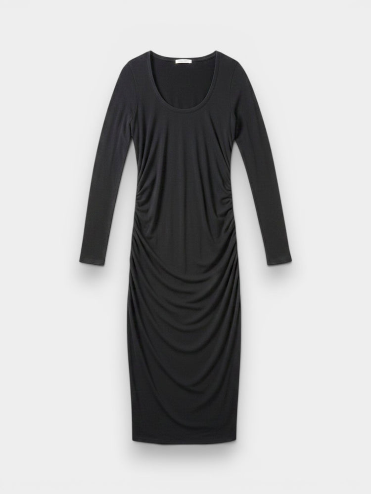Black Long-Sleeve Ruched Midi Bodycon Dress