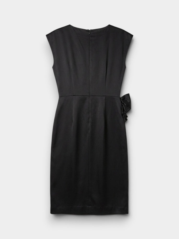 Black Silk Crystal Embellished Bow Midi Dress