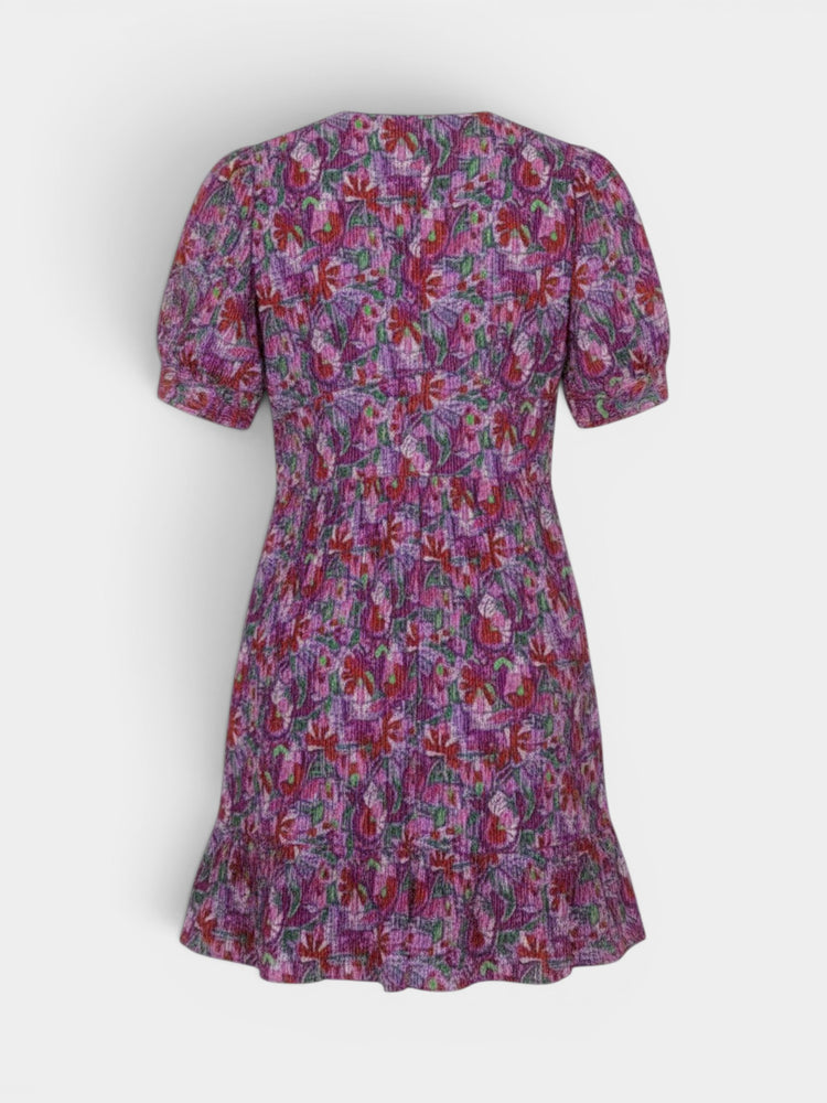Purple Floral Print Puff Sleeve Mini Dress