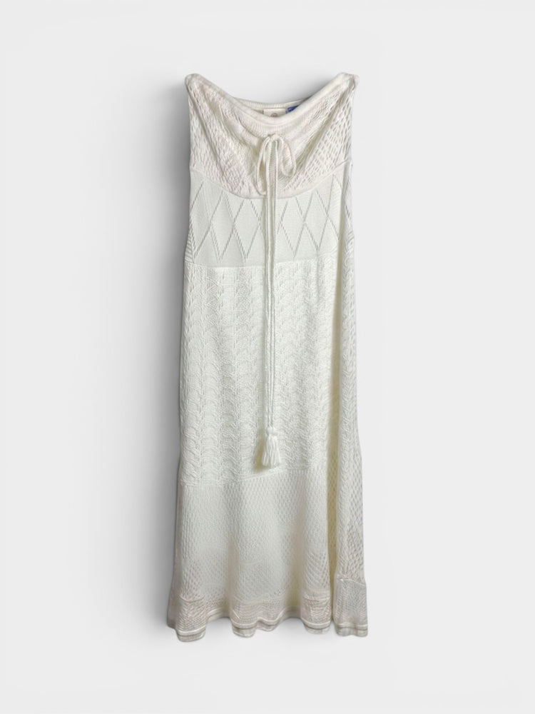 Ivory Pointelle Knit Strapless Midi Dress with Tassel Tie