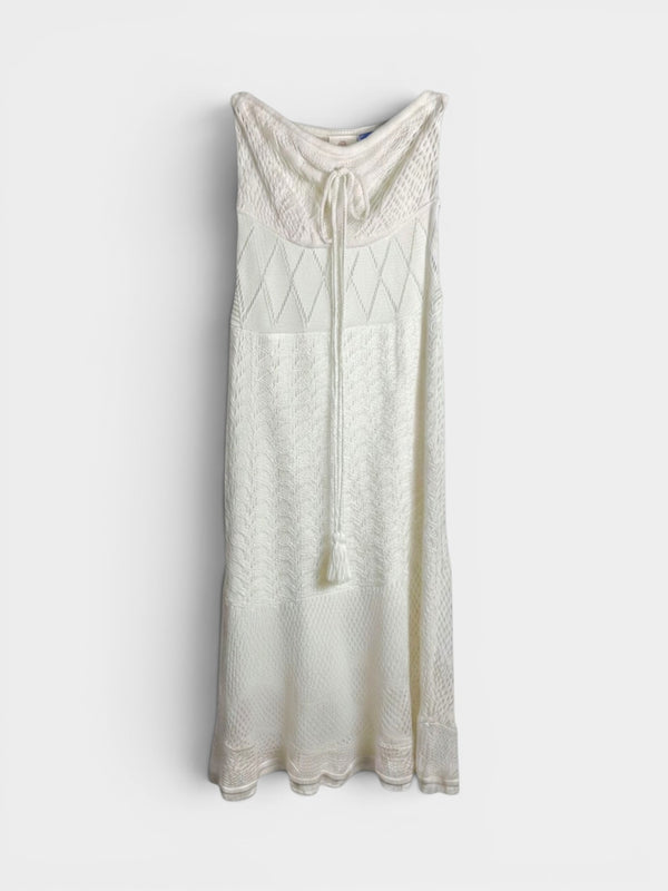 Ivory Pointelle Knit Strapless Midi Dress with Tassel Tie