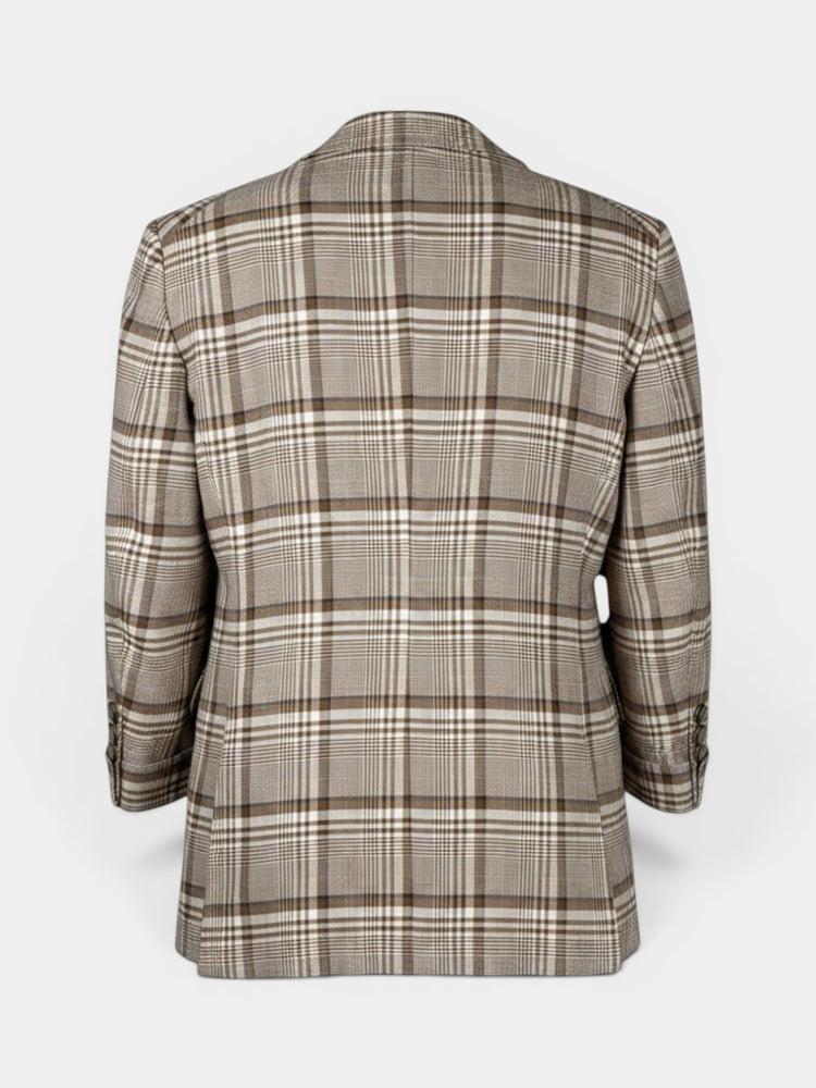 Beige Brown Plaid Double-Breasted Blazer