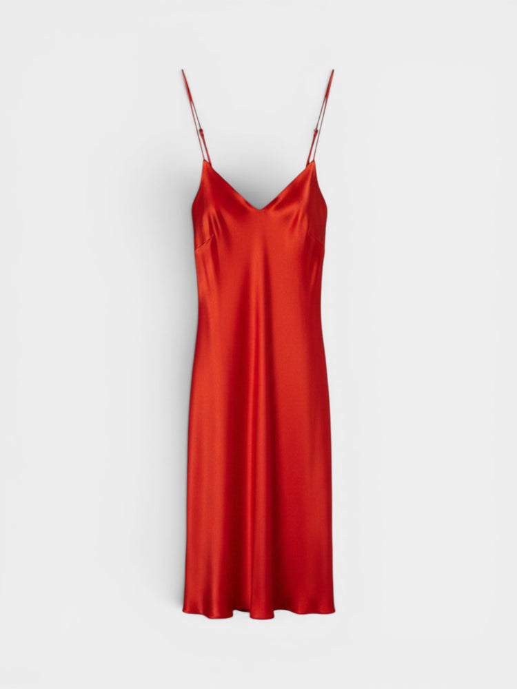 Red Satin Midi Slip Dress with V-Neckline and Adjustable Straps