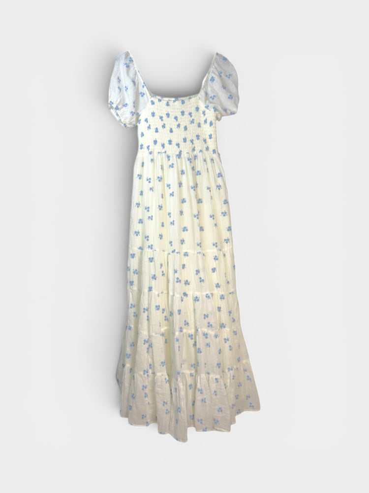 Ivory Blue Floral Smocked Bodice Puff Sleeve Tiered Maxi Dress