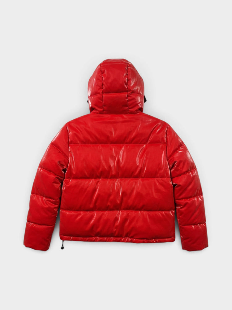 Red Glossy Quilted Hooded Puffer Jacket