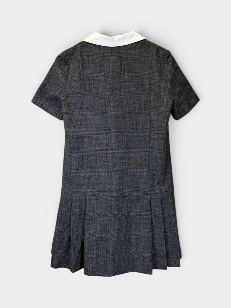 Charcoal Gray Plaid Drop Waist Pleated Mini Dress