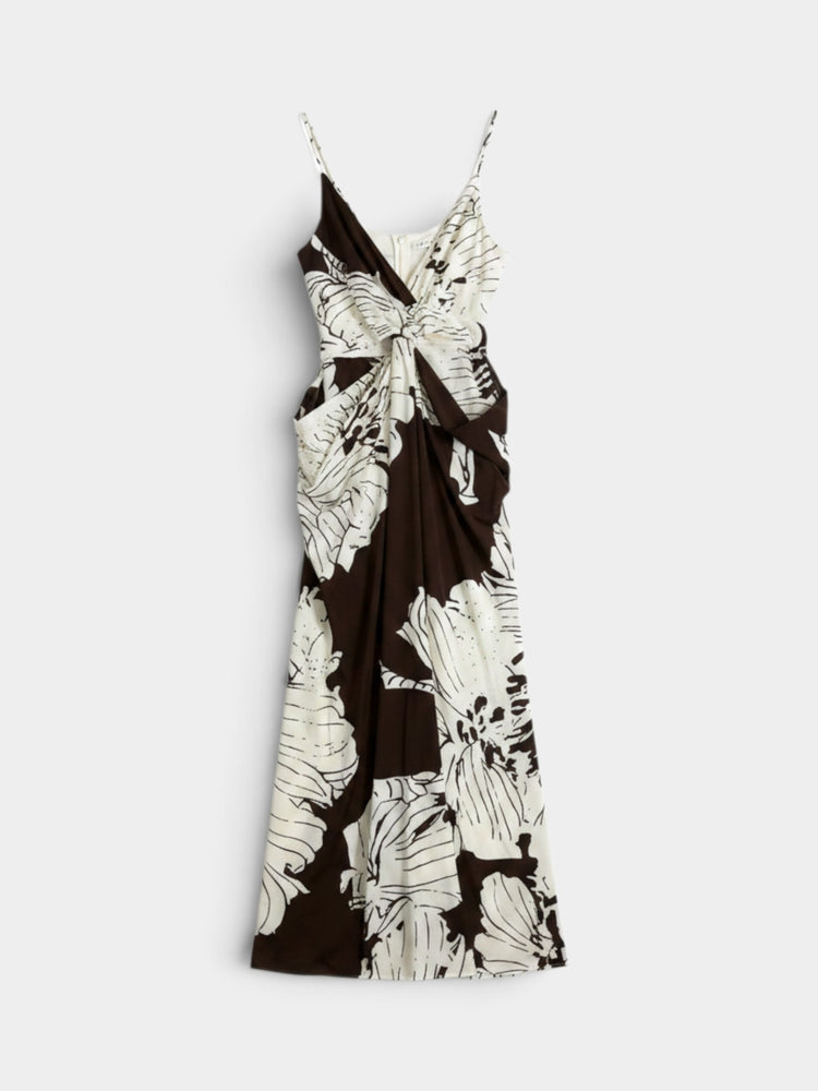 Brown Floral Silk Twist-Knot Dress