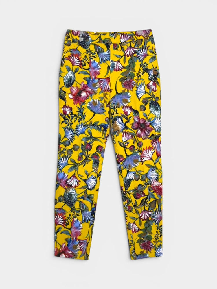 Yellow Floral Print Cropped Slim Trousers
