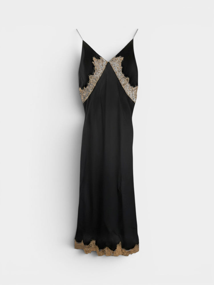 Black Silk Lace Trim Slip Midi Dress
