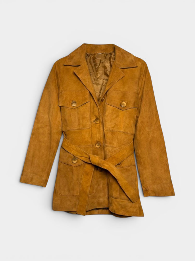 Vintage Tan Suede Leather Belted Safari Jacket