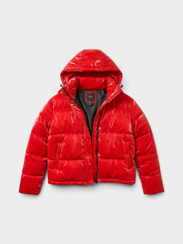 Red Glossy Quilted Hooded Puffer Jacket