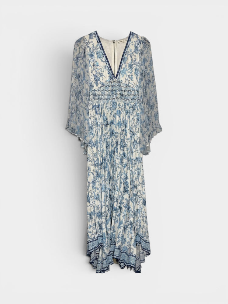 Ivory Blue Toile Floral Maxi Dress with Flutter Sleeves