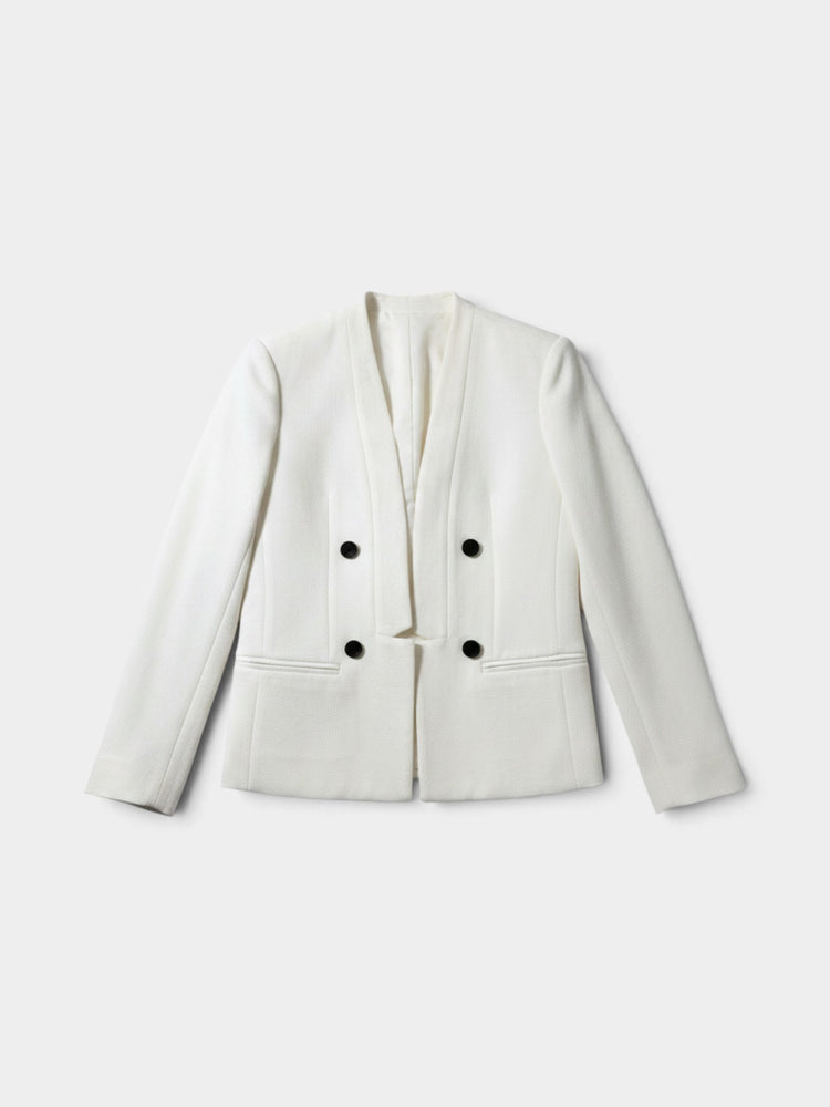 White Double-Breasted Collarless Blazer