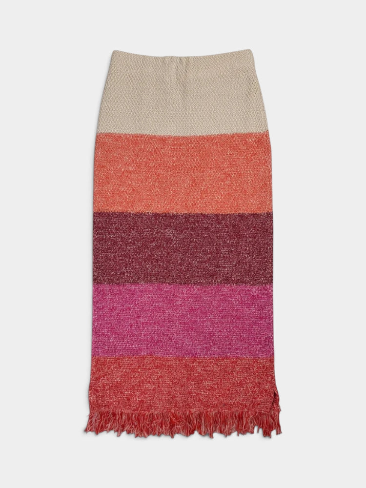 Striped Cotton Knit Fringed Midi Skirt