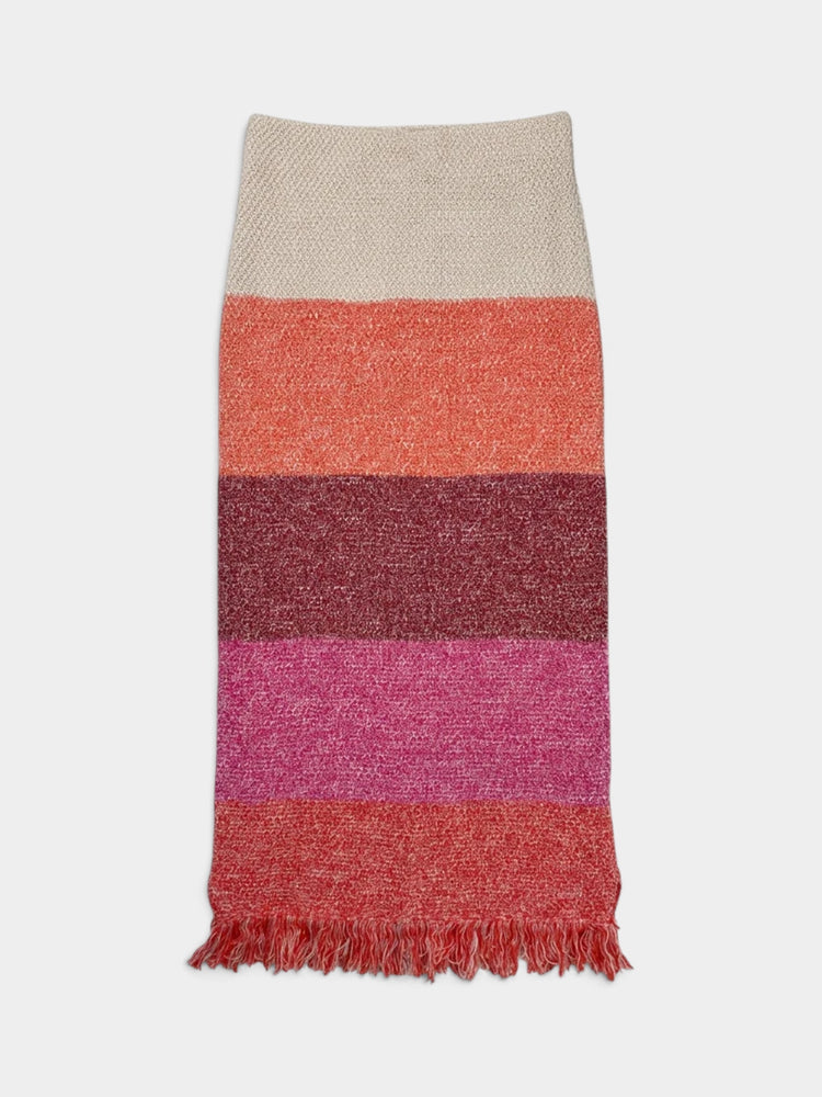Striped Cotton Knit Fringed Midi Skirt