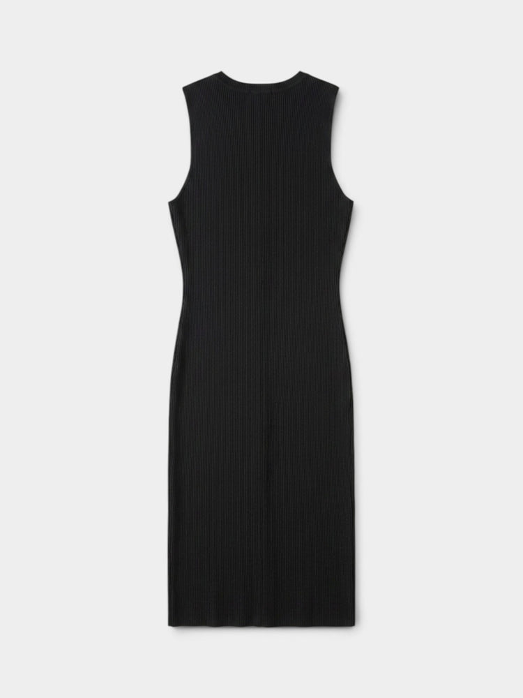 Black Ribbed Knit Zip-Front Sleeveless Midi Dress