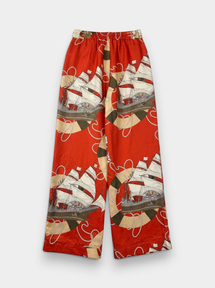 Red Silk Nautical Print Wide-Leg Pants