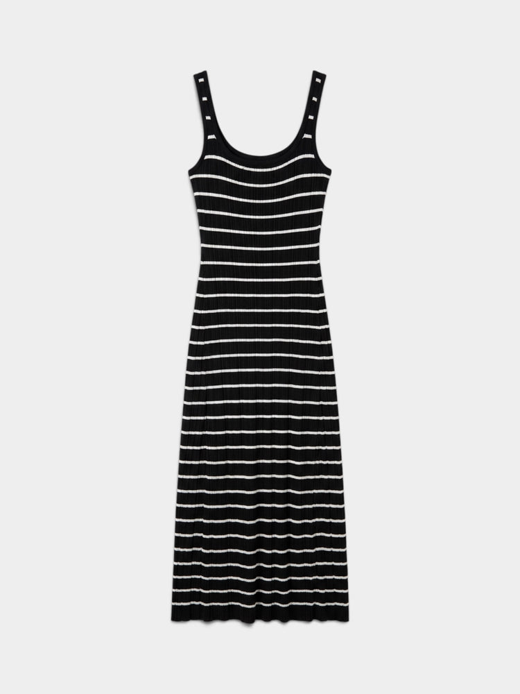 Black and White Striped Ribbed Knit Scoop Neck Maxi Dress