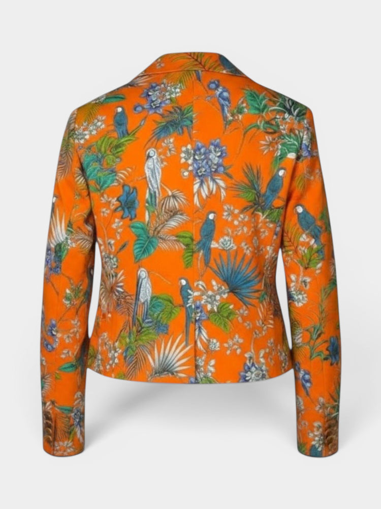 Orange Tropical Parrot Print Cropped Blazer