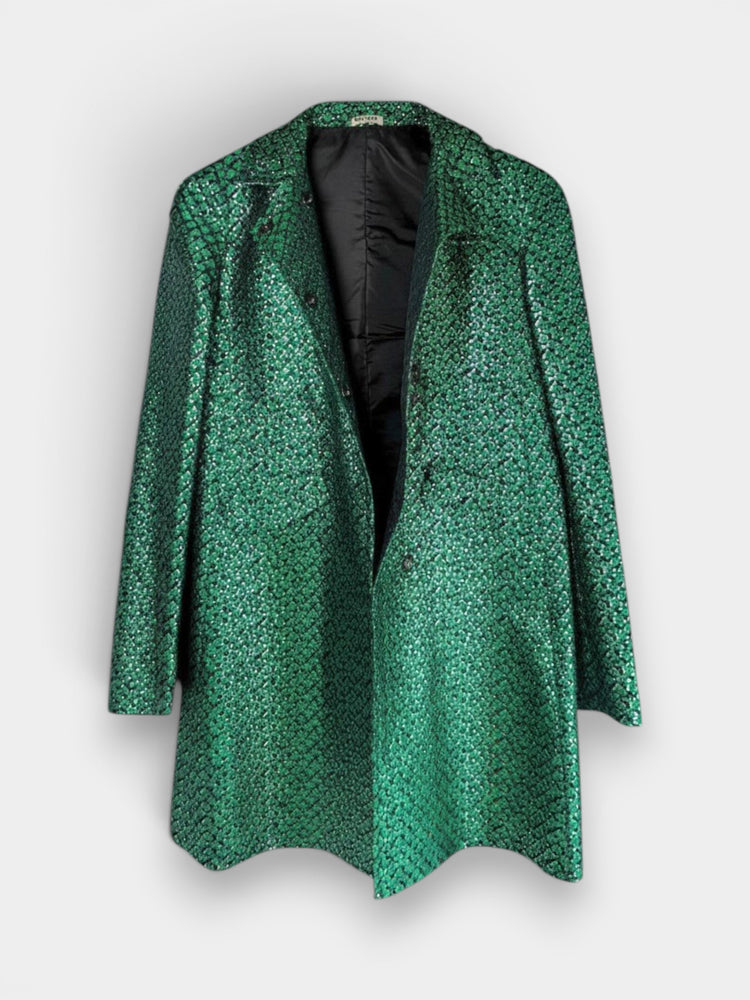 Emerald Green Floral Brocade Long-Line Coat