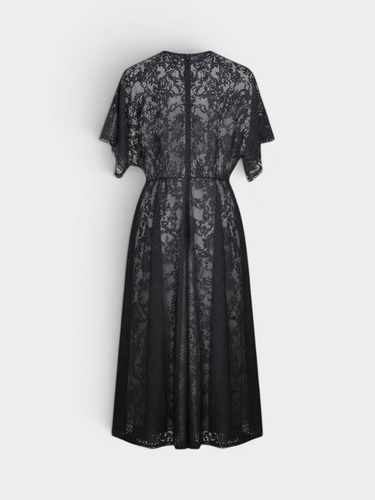 Black Floral Lace Midi Dress with Flutter Sleeves