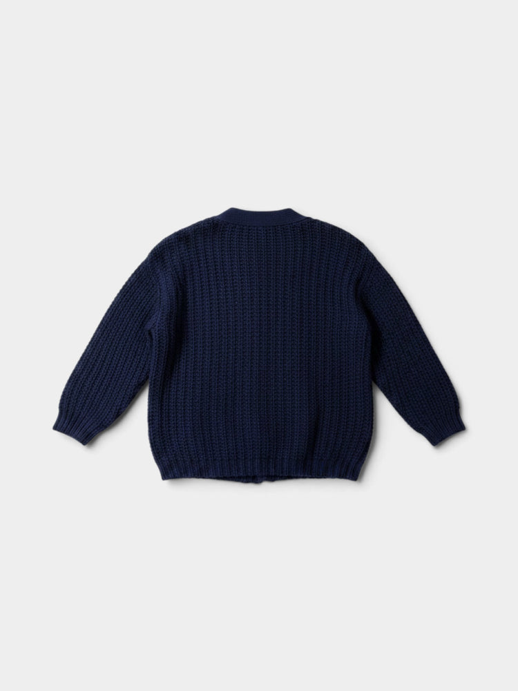 Navy Chunky Knit Cardigan with Light Blue Buttons